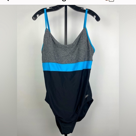 SPEEDO Black Gray Blue Colorblock One Piece Modest Swimsuit - Picture 1 of 3